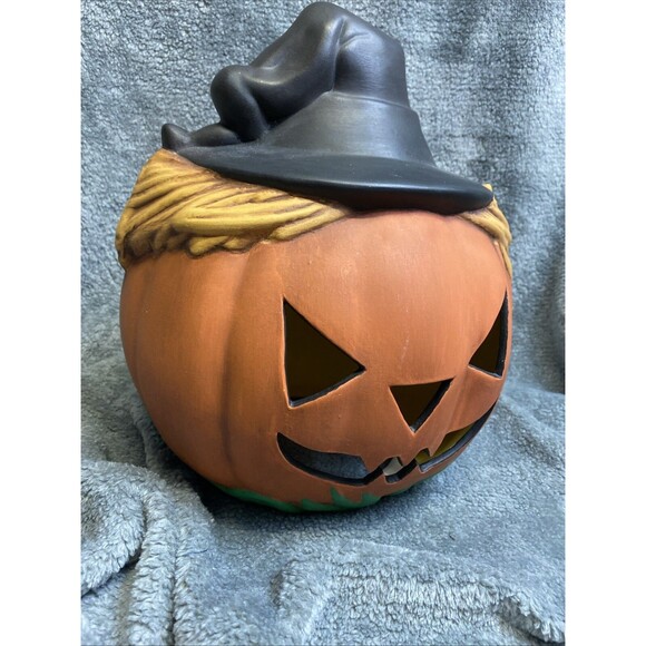 Halloween Vintage 1978 Pumpkin With Hat Ceramic, Hand Painted, Scarecrow Pumpkin - Picture 7 of 9